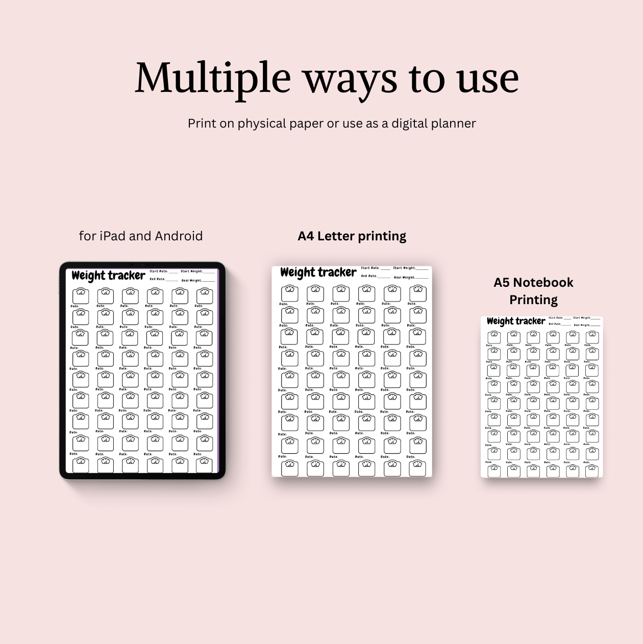 weight tracker templates for digital and printable formats, including A4, and A5 layouts. ifitness planning scribbly bits